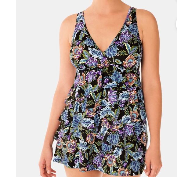 Swim Solutions Women's Floral Boho Play V-Neck Multi Ruffle Swim Dress sz 8 - Picture 1 of 6